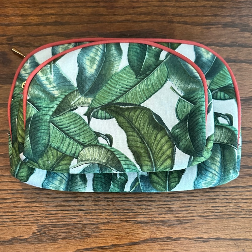 Leaf Print Cosmetic Bag with Coral Trim